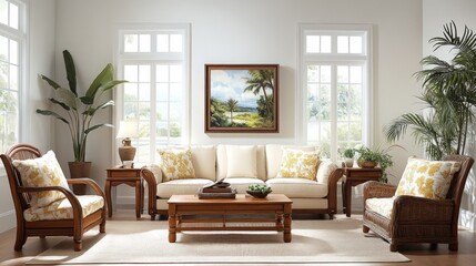 Fototapeta premium A living room with a white couch, two armchairs, a coffee table, a rug, two end tables, two lamps, and two plants.