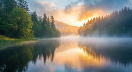 Fototapeta premium Tranquil lake reflecting a vibrant sunrise surrounded by misty pine forests.
