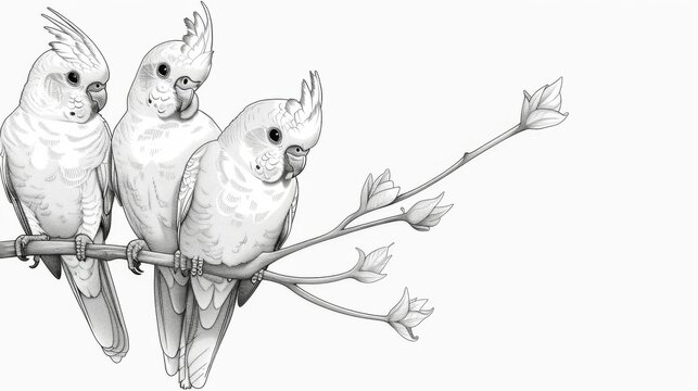 three white cockatoos perched on branch clip art preview
