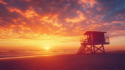 Silhouetted Lifeguard Stand on a Sandy Beach at Sunset