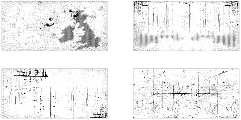 Grunge overlay textures with dust grain isolated on white background. Set of vector paint brush stroke, ink splash and grungy decoration elements for social