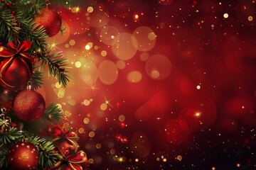 Festive Christmas tree decorations surrounded by shimmering lights and a warm red background celebrating the holiday season