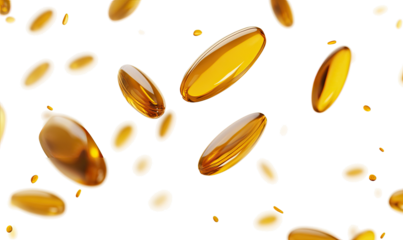 Falling Fish oil pill on transparent background