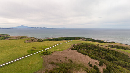 北海道　白い道と利尻富士　空撮