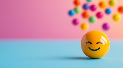 A bright yellow smiley face with a content expression sits on a blue surface, surrounded by vibrant, colorful balls, symbolizing positivity and mental health, copy space