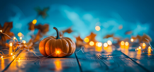 Fototapeta premium Glowing jack-o'-lanterns on a wooden deck with a dreamy bokeh background. Perfect for Halloween themes, autumn vibes, festive designs, and spooky seasonal decorations