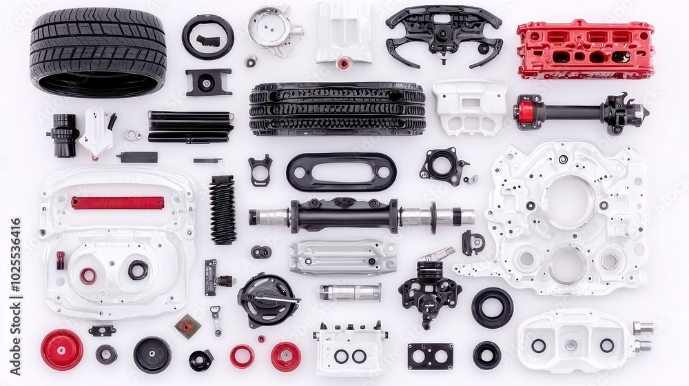 Poster car components arranged on an aged surface, showcasing intricate details and textures, inviting expl