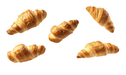 French baguette and croissant falling on transparent background