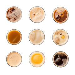 A collection of various coffee types displayed in cups, showcasing different colors and textures in an appealing arrangement