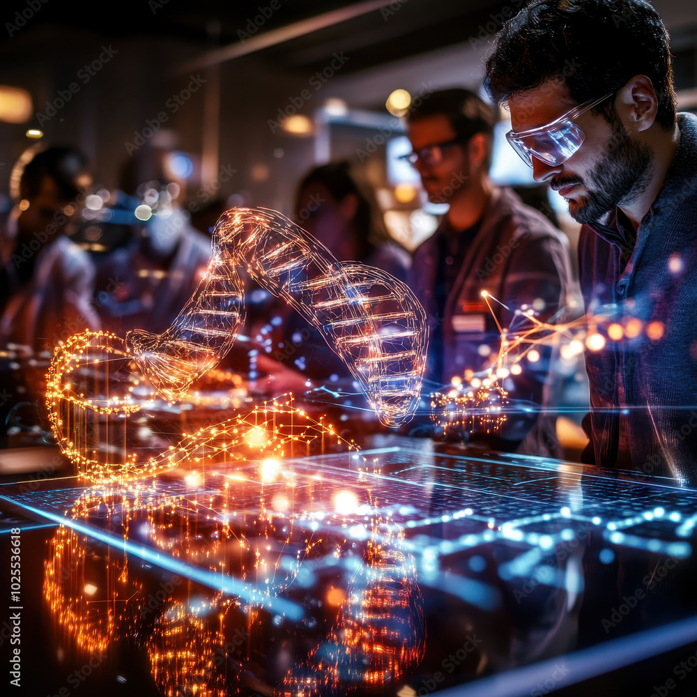 Poster innovative scientists collaborate around high tech table, analyzing data visualizations and digital 