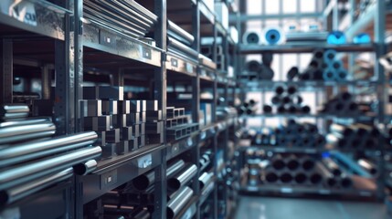 Fototapeta premium Metal Pipes and Bars Organized on Shelves in a Warehouse