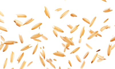  Fresh long brown rice, uncooked and hulled falling on transparent background