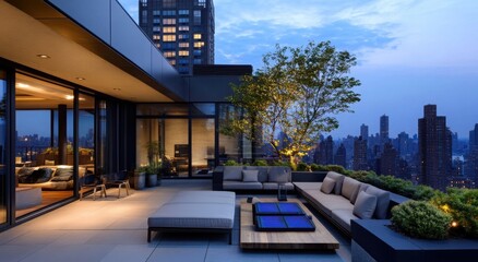 Luxurious rooftop terrace with modern furnishings and city skyline views at dusk.