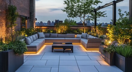 Fototapeta premium Modern rooftop patio with ambient lighting, cozy seating, and lush greenery at dusk.