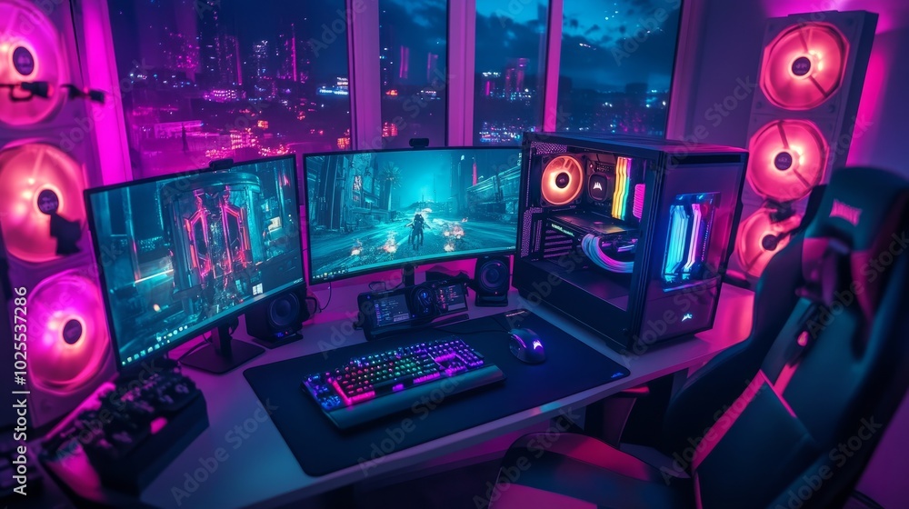 Poster a powerful computer surrounded by vibrant rgb lights, multiple monitors showing dynamic game visuals