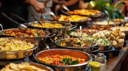 Obraz premium Lively Buffet Table Filled With Diverse Delicious Dishes