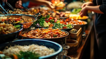 Obraz premium Lively Buffet Table Filled with Delicious Dishes