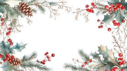 Christmas background with holly, pine branches, and berries in a festive holiday frame