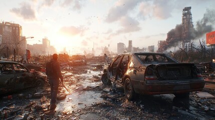 Abandoned Car in Industrial Decay, a desolate vehicle rests among crumbling structures, showcasing the stark contrast between man-made and nature's reclamation efforts.