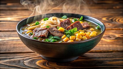 Fototapeta premium Delicious ramen bowl with beef, noodles, corn, green onions, spinach