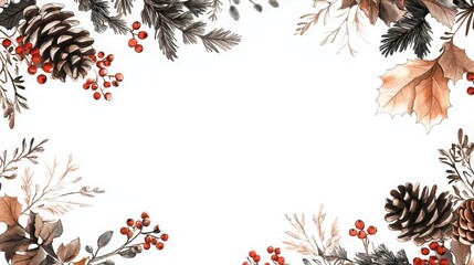 Christmas background with holly, pine branches, and berries in a festive holiday frame