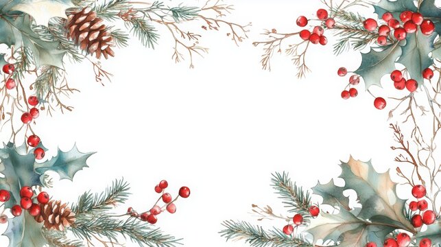 Christmas background with holly, pine branches, and berries in a festive holiday frame