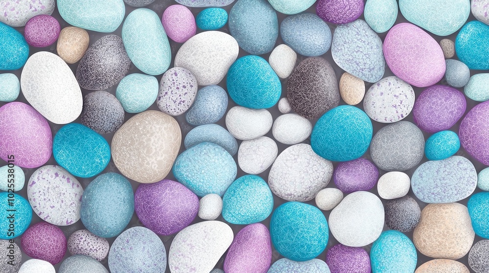 Poster colorful cobblestone pathway, featuring a mosaic of blues, purples, and grays, designed in a clean v