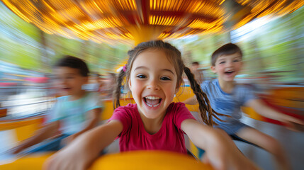 Naklejka premium A dynamic action shot of children playing on a merrygoround