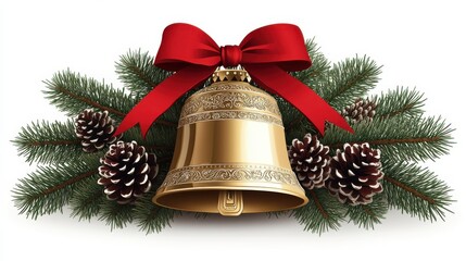 Elegant Christmas Decoration with Golden Bell, Red Bow, Pine Cones, and Greenery for Festive Holiday Season Atmosphere