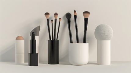 Makeup Brushes, Lipstick, and Cosmetic Items Arranged in Minimalist Style