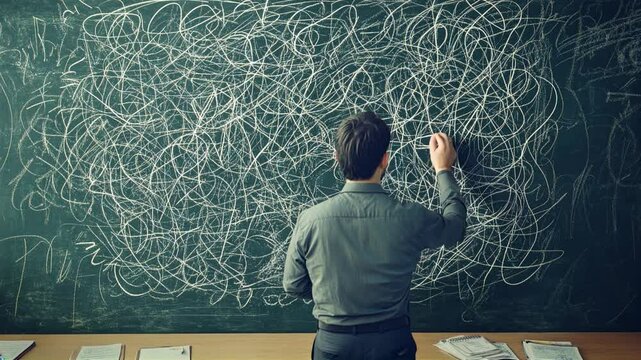 A man standing in front of a chalkboard filled with complex equations, deep in thought and analysis of mathematical concepts.