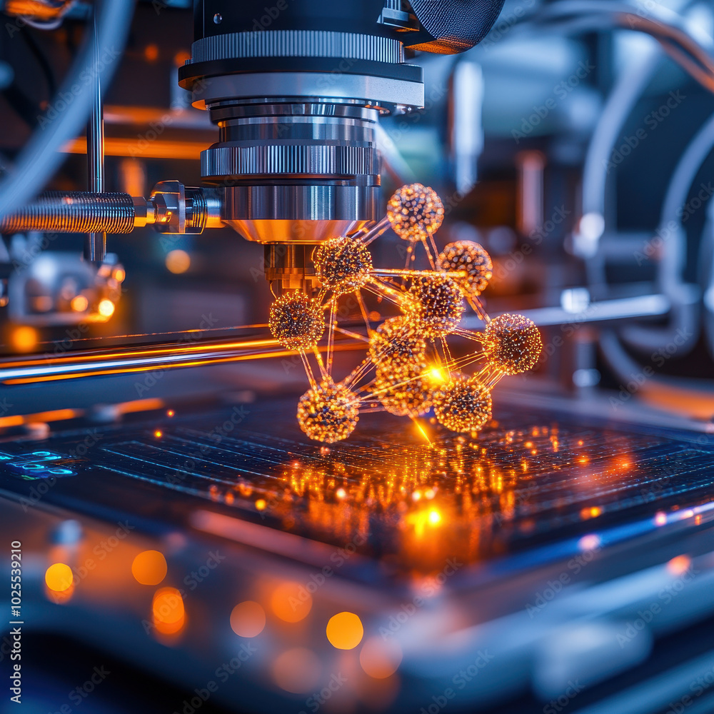 Poster molecular structure is being built in 3d printer, showcasing advanced technology and innovation in s