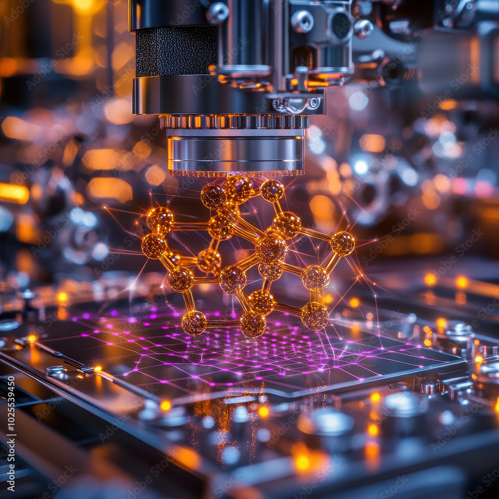 Poster molecular structure is being built in 3d printer, showcasing advanced technology and intricate desig