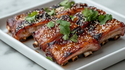 Glazed Barbecue Ribs with Garnish on a Plate
