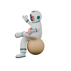 3D Professional Male Astronaut Character. A male astronaut sits on a planet holding a miniature rocket in his left hand and raising his right hand with a hand gesture forming an okay sign. Space