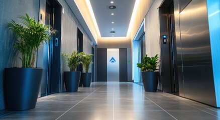 Modern office building corridor with sleek elevators and lush greenery.