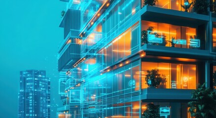 Futuristic smart building illuminated with neon lights against a cityscape backdrop.