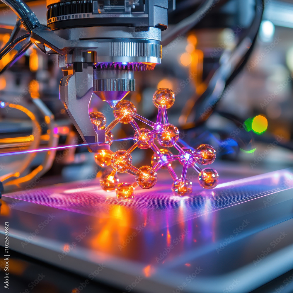 Poster molecular structure being built in 3d printer, showcasing intricate details and vibrant colors. adva