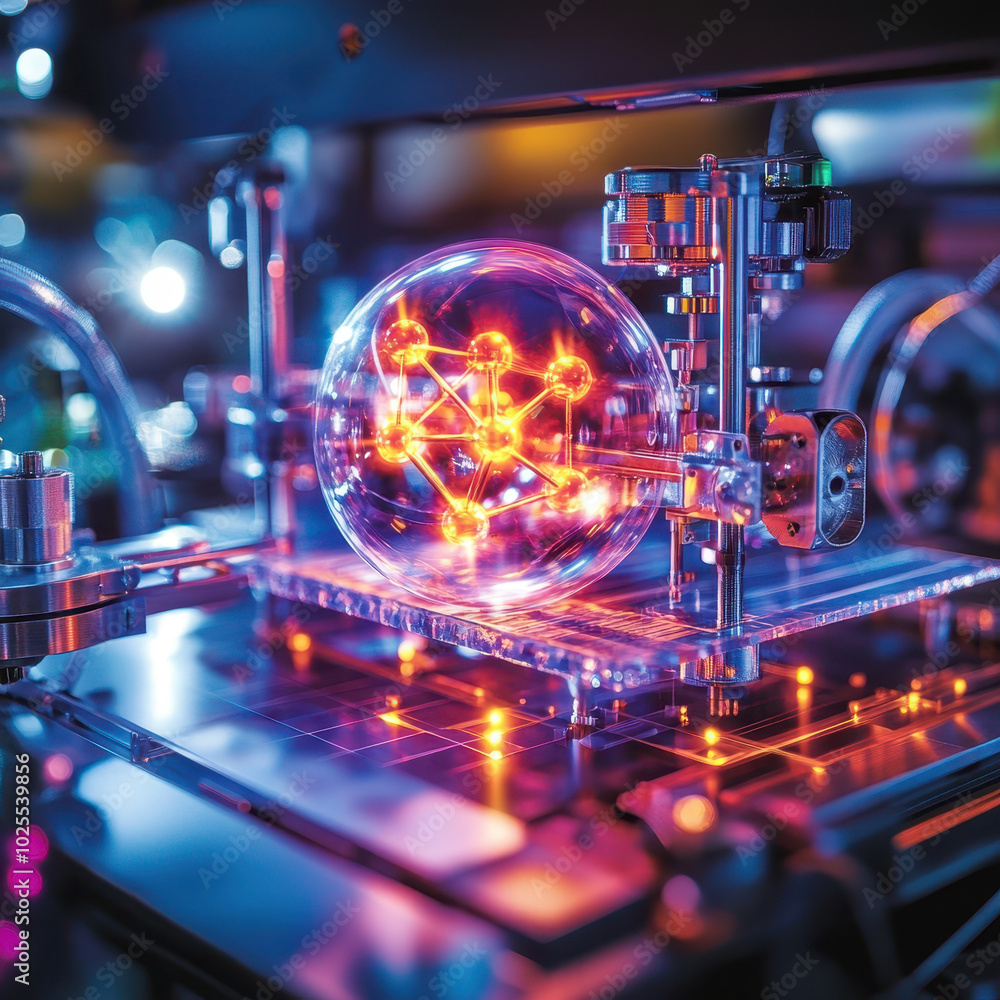 Poster molecular structure is being built in 3d printer, showcasing intricate designs and vibrant colors. s