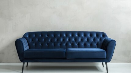 Fototapeta premium A Navy Blue Velvet Sofa with Button Tufting in a Modern Living Room