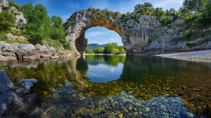 A natural stone arch bridge over a calm river, reflecting the sky and the surrounding green landscape.