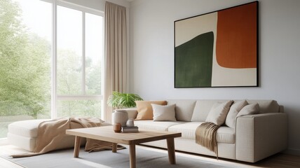 Bright and modern living room featuring a cozy sofa, stylish decor, and large windows with a beautiful outdoor view.