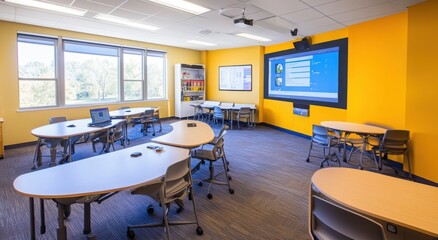 Modern classroom with technology-enhanced learning space and vibrant colors.
