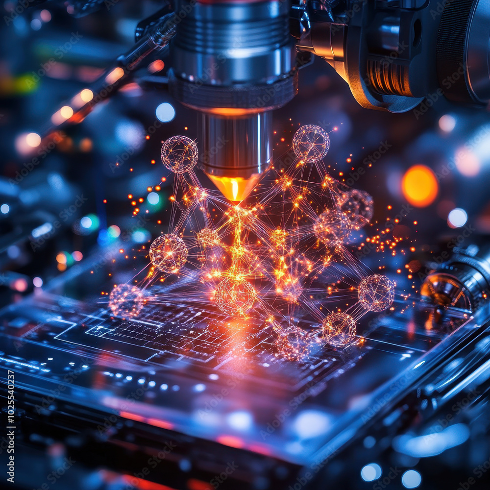 Aufkleber molecular structure being built in 3d printer, showcasing advanced technology and innovation in vibr