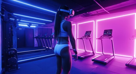 Woman in virtual reality headset working out in a neon-lit gym.
