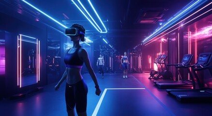 Obraz premium Woman using VR headset in futuristic gym with neon lights, enhancing workout experience.