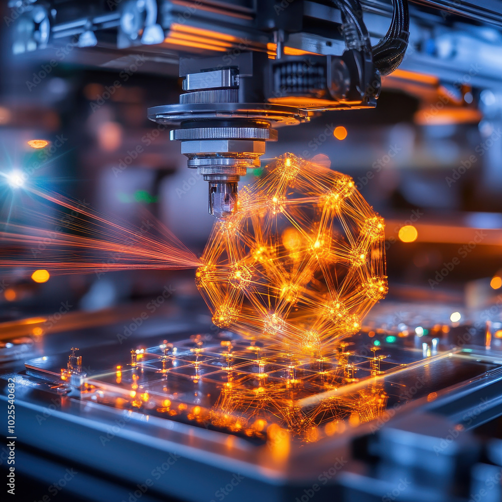 Poster molecular structure being built in 3d printer showcases advanced technology and innovation. intricat