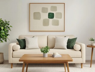 Stylish living room featuring a modern couch, decorative pillows, and elegant wall art for a chic ambiance.