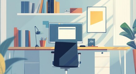 Modern home office with a computer desk, bookshelves, and vibrant decor in natural light.