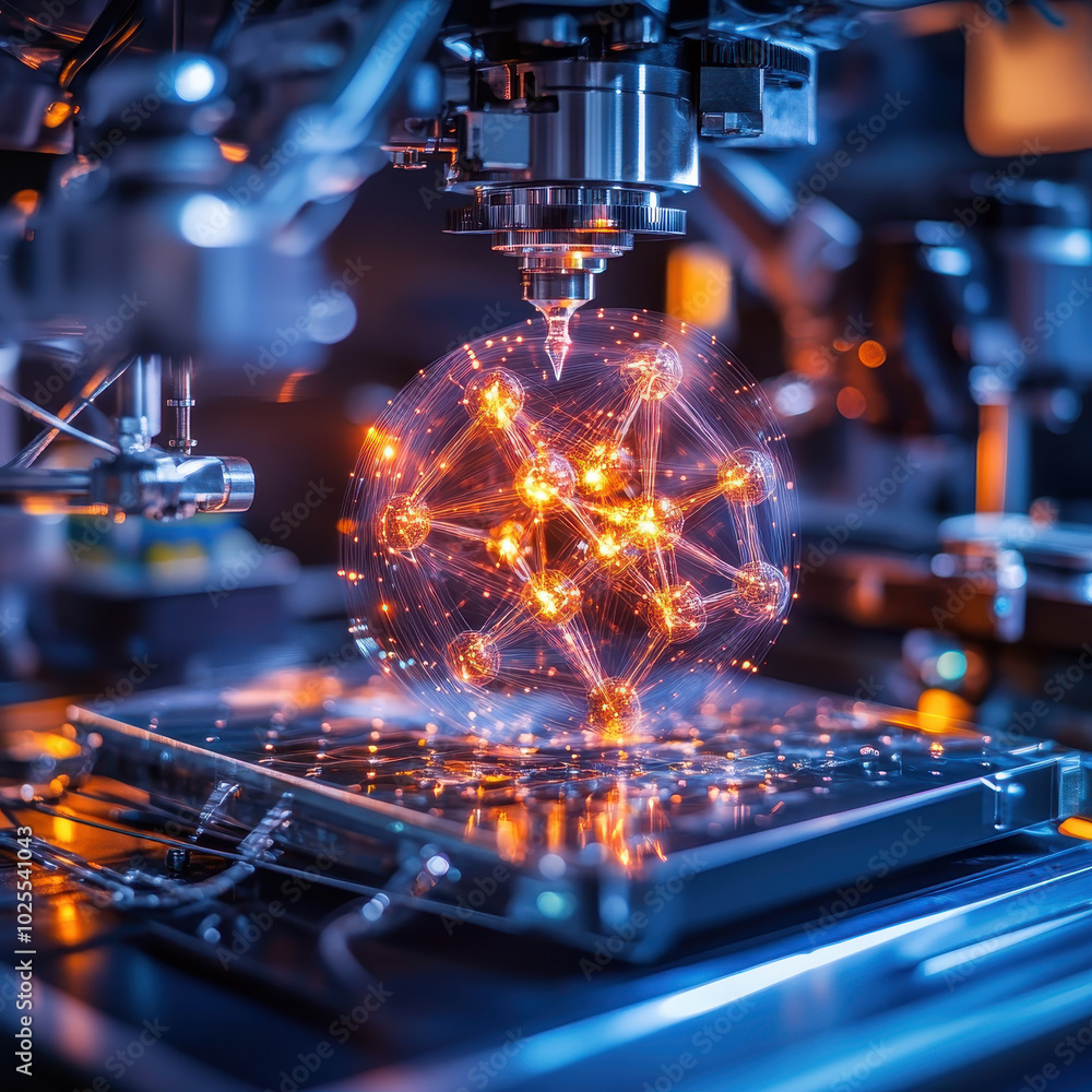 Poster molecular structure is being built in 3d printer, showcasing intricate designs and glowing connectio